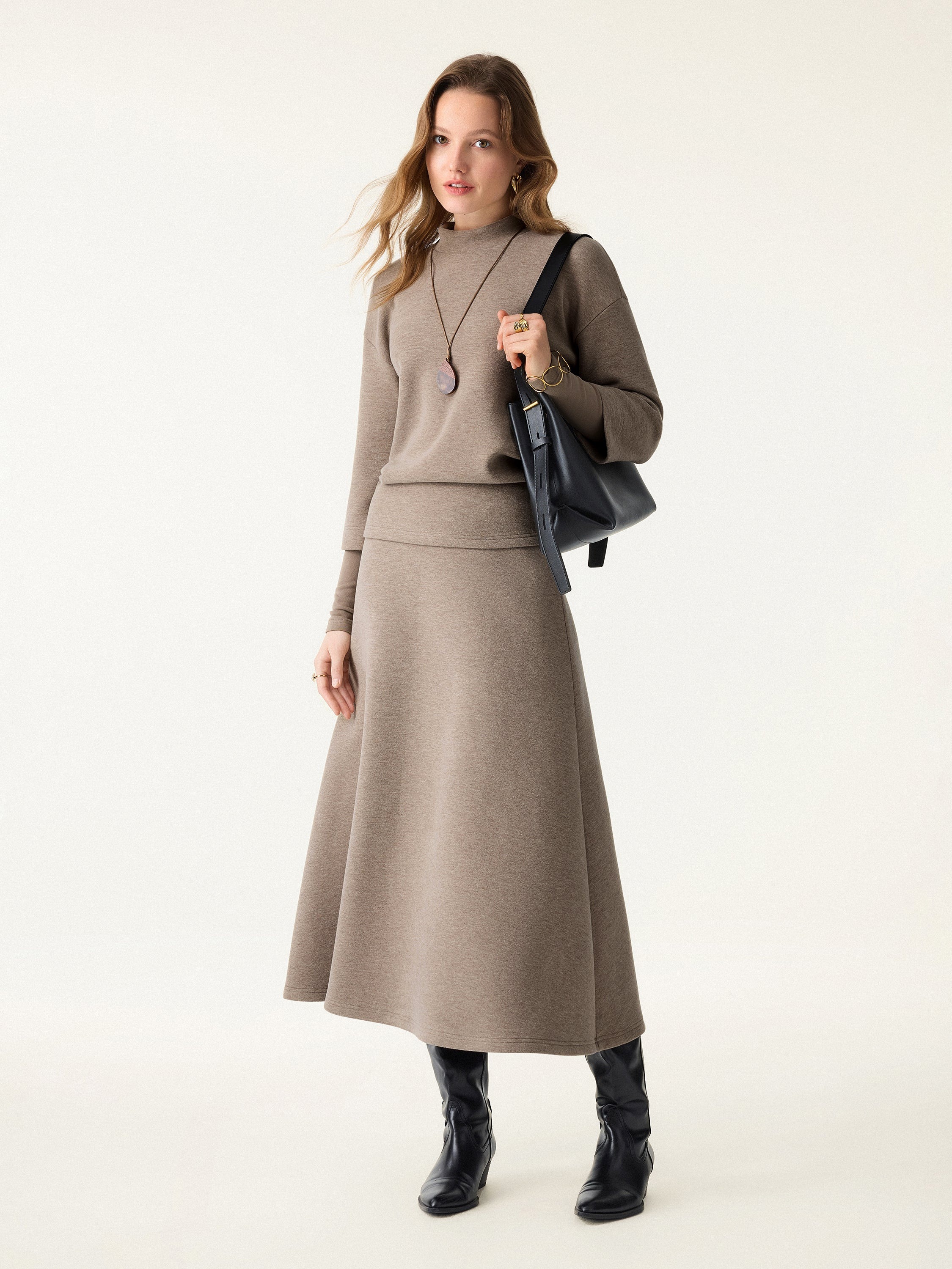 2Pcs Set FuzzLuxe Mockneck Sleeve-Warmer Top &  Midi A-line Circle Skirt | OGLmove