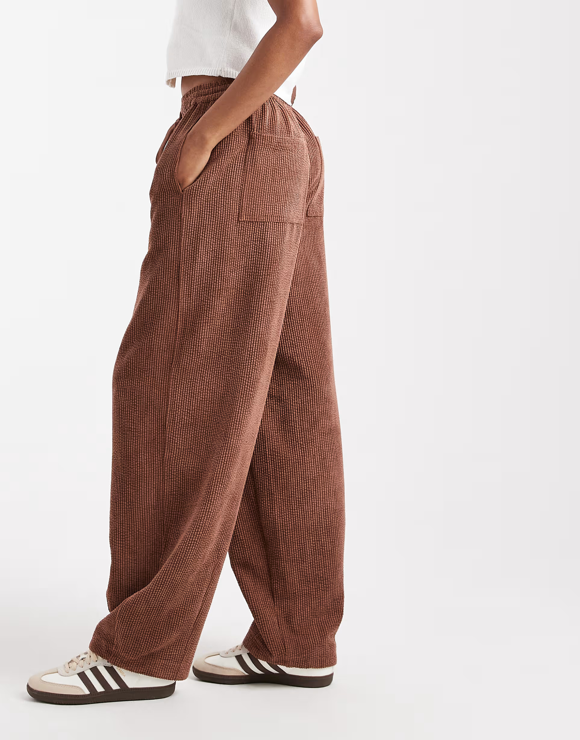 ASOS DESIGN Tall cord barrel leg pull on trousers in chocolate | ASOS | ASOS (Global)