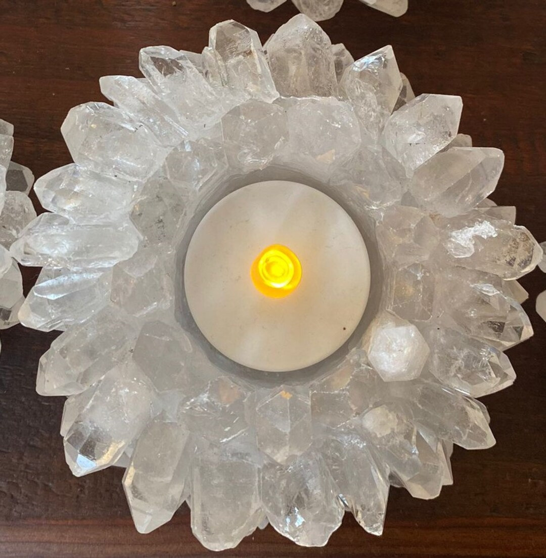 Premium Clear Crystal White Quartz Cluster Point Flower Petal Gemstone Druzy Candle / Tealight Ho... | Etsy (US)