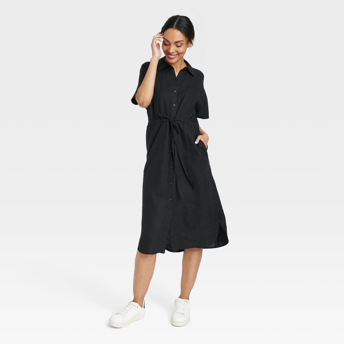 Women's Short Sleeve Linen Midi Shirtdress - A New Day™ Black XS | Target
