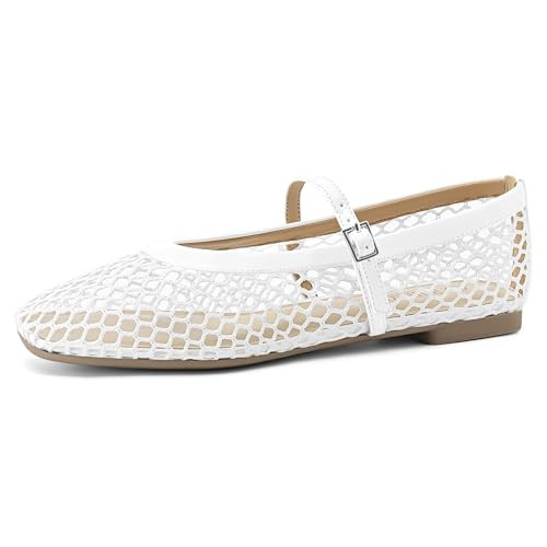 Rihero Mesh Ballet Flats for Women Buckle Strap Comfortable Fishnet Ballerina Flats Casual Work White Flats Shoes Size 6.5 | Amazon (US)