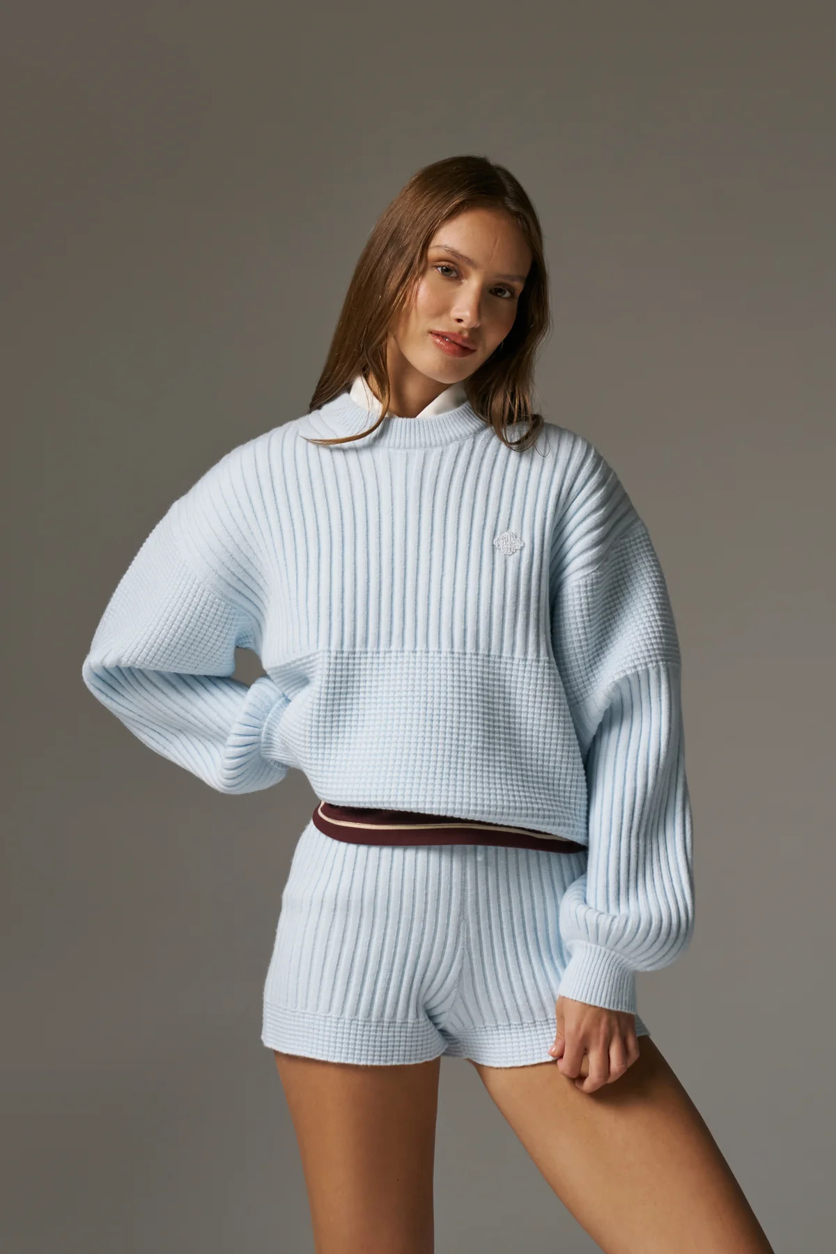 CONTRAST KNIT OVERSIZED CREW - LIGHT BLUE | The Couture Club
