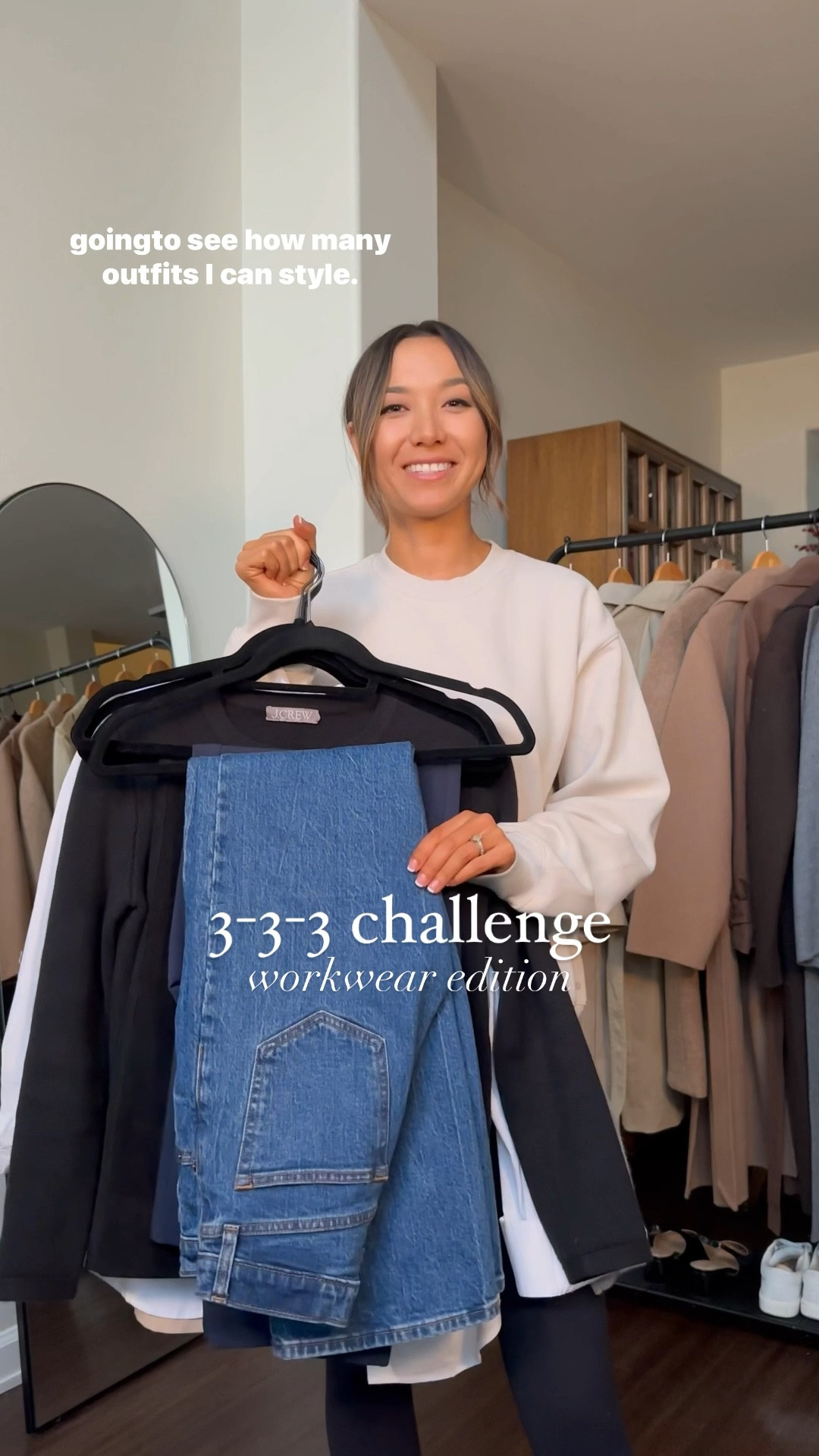 3-3-3 challenge: workwear edition // styling 3 tops, 3 bottoms, and 3 shoes and making 11 different outfits 

• Abercrombie relaxed jean tts in this wash! I found the gray wash to run big, also recommend the madewell PV wide leg as a similar option with different inseams 
• corduroy to pants - wearing 25 regular, I’d recommend sizing down 
• Sloane Abercrombie trousers 25 regular tts 
• gray cashmere sweater xs - linked another favorite of mine! 
• sweater jacket - xs 
• button up - xs 
• birdies flats - runs 1/2 small 
• Jcrew booties - my fav option for a classic dressy boot for the office 

Work outfits / capsule wardrobe / workwear / outfits for the office 

#LTKworkwear #LTKfindsunder100 #LTKstyletip