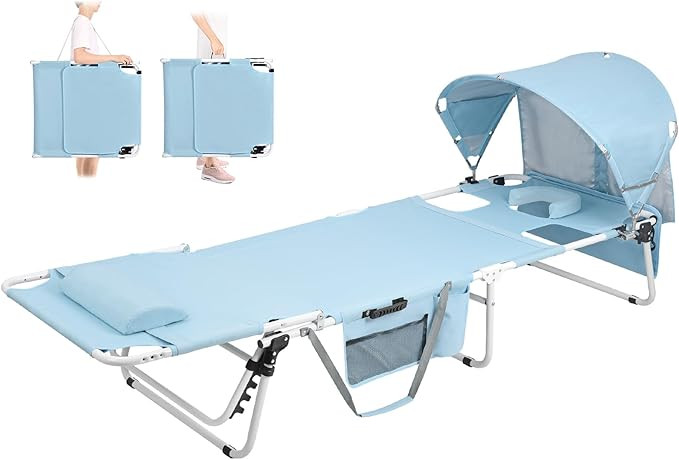 Tanning Chair with Sun Canopy Face Hole, Heavy Duty Folding Chaise Lounge Chair 5 Position Reclin... | Amazon (US)