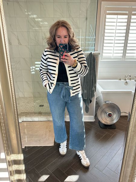 Easy elevated casual outfit for today. You could add a loafer a mule a pump to make the look dressier.

Sweater and blouse size L
Jeans my smaller size 31. That way the paper bag waist is stretched and not bulky. 

Work outfit spring outfut monochromatic outfit JCREW Amazon adidas Julie Vos

#LTKfindsunder100 #LTKmidsize #LTKover40