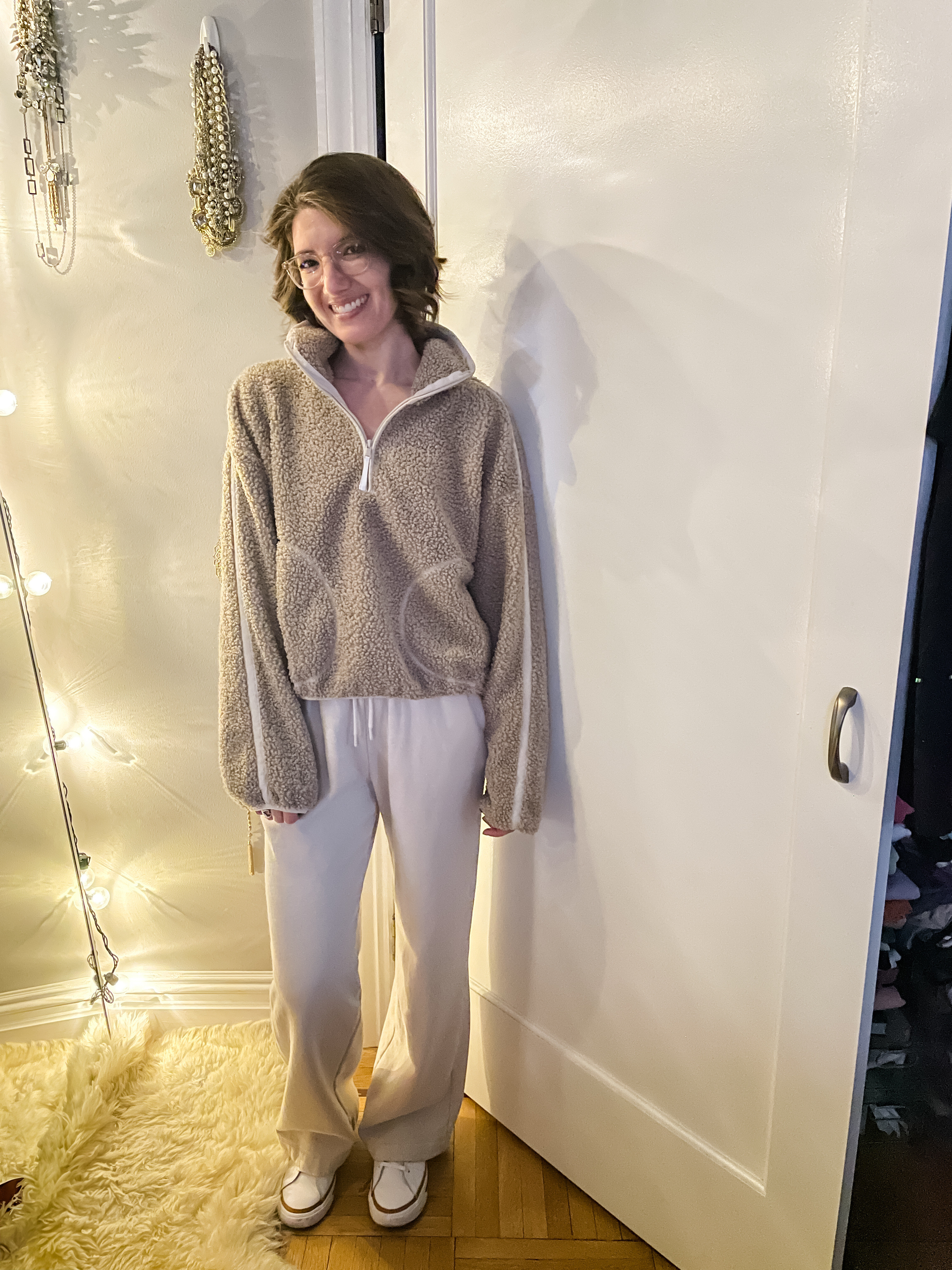 Cozy half zip : TTS, runs a little cropped
Hugh waisted wide leg Sweatpants: TTS, obsessed. Do not put these in the dryer
Sneakers: TTS

Cozy outfit | sweatpants outfit | matching set | New Year’s Day outfit | weekend outfit | loungewear  

#LTKStyleTip #LTKFindsUnder50 #LTKTravel