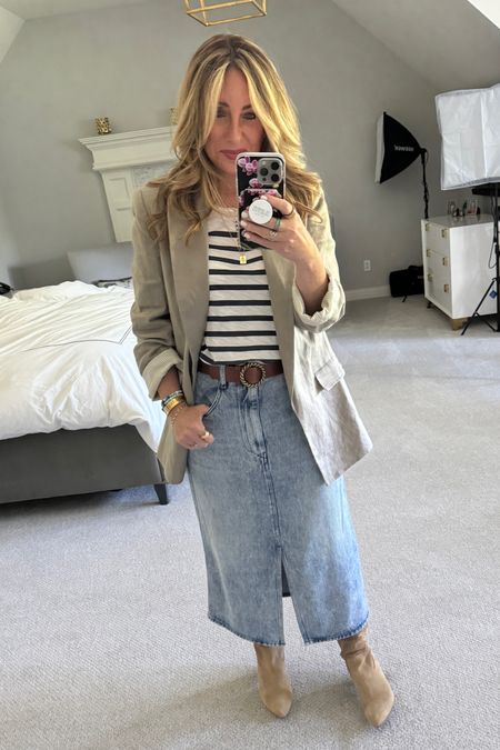 In looking at this photo, I need to take this skirt to the tailor to have the waist nipped just a bit. It stretches out and is sitting too low here imho. This striped top is an oldie that i wear on repeat. I need to find a replacement (I linked similar and will order a few to try). 

#LTKSeasonal #LTKWorkwear #LTKStyleTip