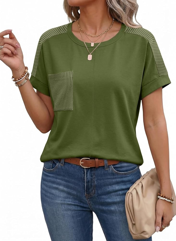 SHEWIN Women's Summer Tops Short Sleeve T-Shirts Crew Neck Casual Solid Basic Tees 2026 Clothes | Amazon (US)