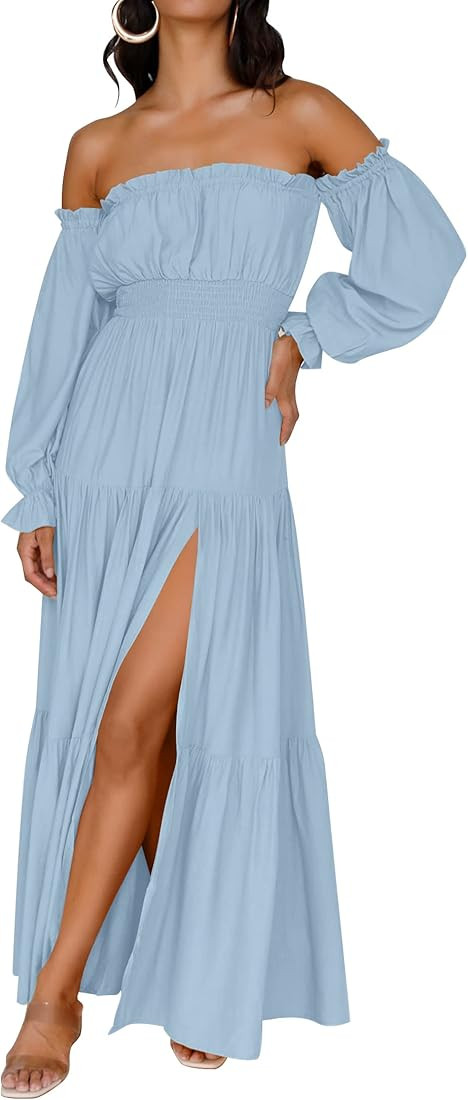 ZESICA Women's 2023 Boho Sexy Off Shoulder Long Sleeve Smocked High Waist Side Split Flowy A Line... | Amazon (US)