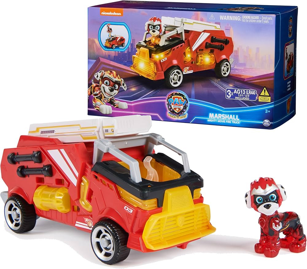 Amazon.com: Paw Patrol: The Mighty Movie, Firetruck Toy with Marshall Mighty Pups Action Figure, ... | Amazon (US)