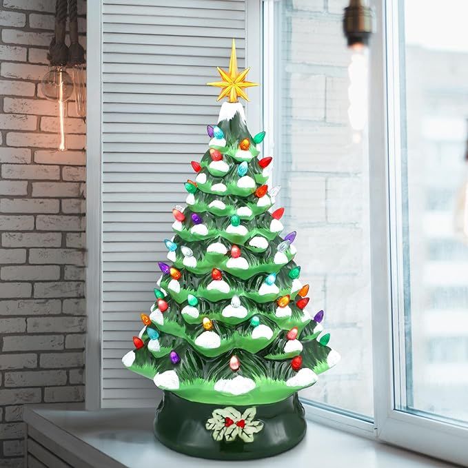 Uiifan 18 Inches Nostalgic Ceramic Christmas Tree with LED Lights Hand Painted Ceramic Christmas ... | Amazon (US)