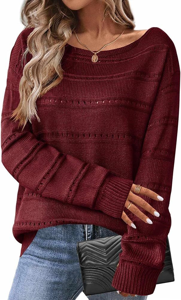 Zeagoo Womens Sweaters Cute Long Sleeve Off The Shoulder Pullover Tops Hollow Out Crochet Dressy ... | Amazon (US)