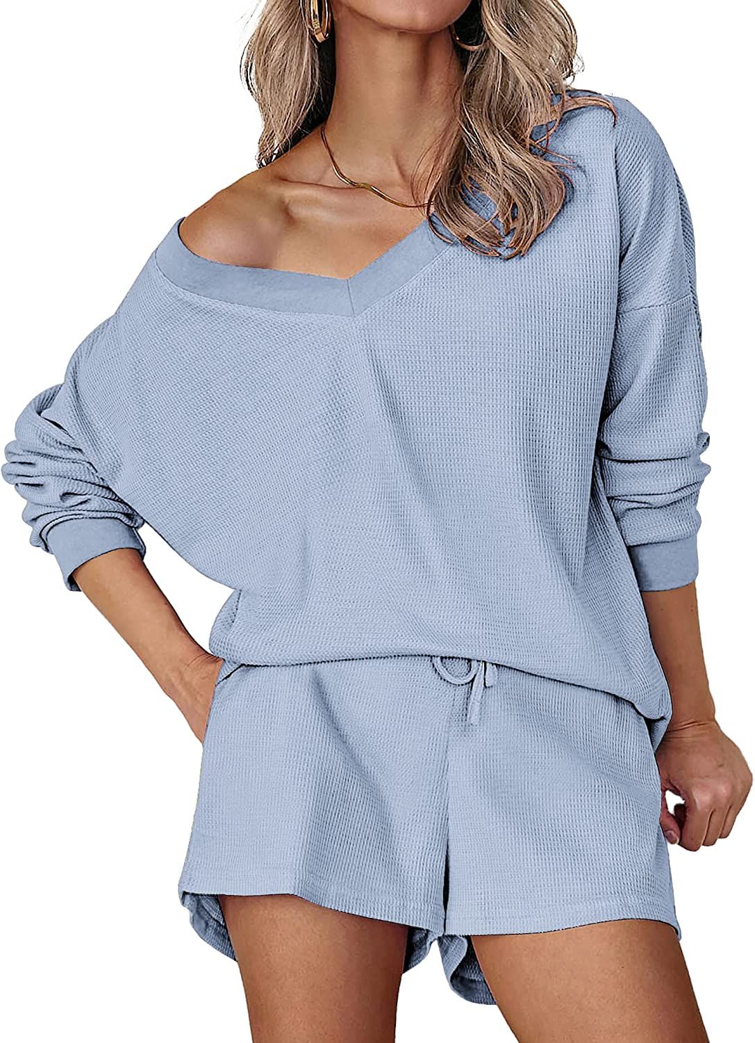 Ekouaer Womens Pajama Set Waffle Knit Lounge Set V Neck Off Shoulder Sleepwear Long Sleeve Top an... | Amazon (US)