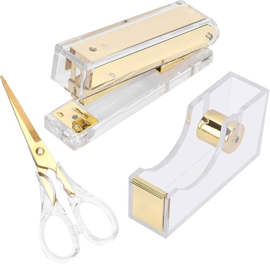 Stapler and Tape Dispenser Kit Acrylic Desk Organize Accessories Scissors Clear Tape Dispenser Go... | Amazon (US)