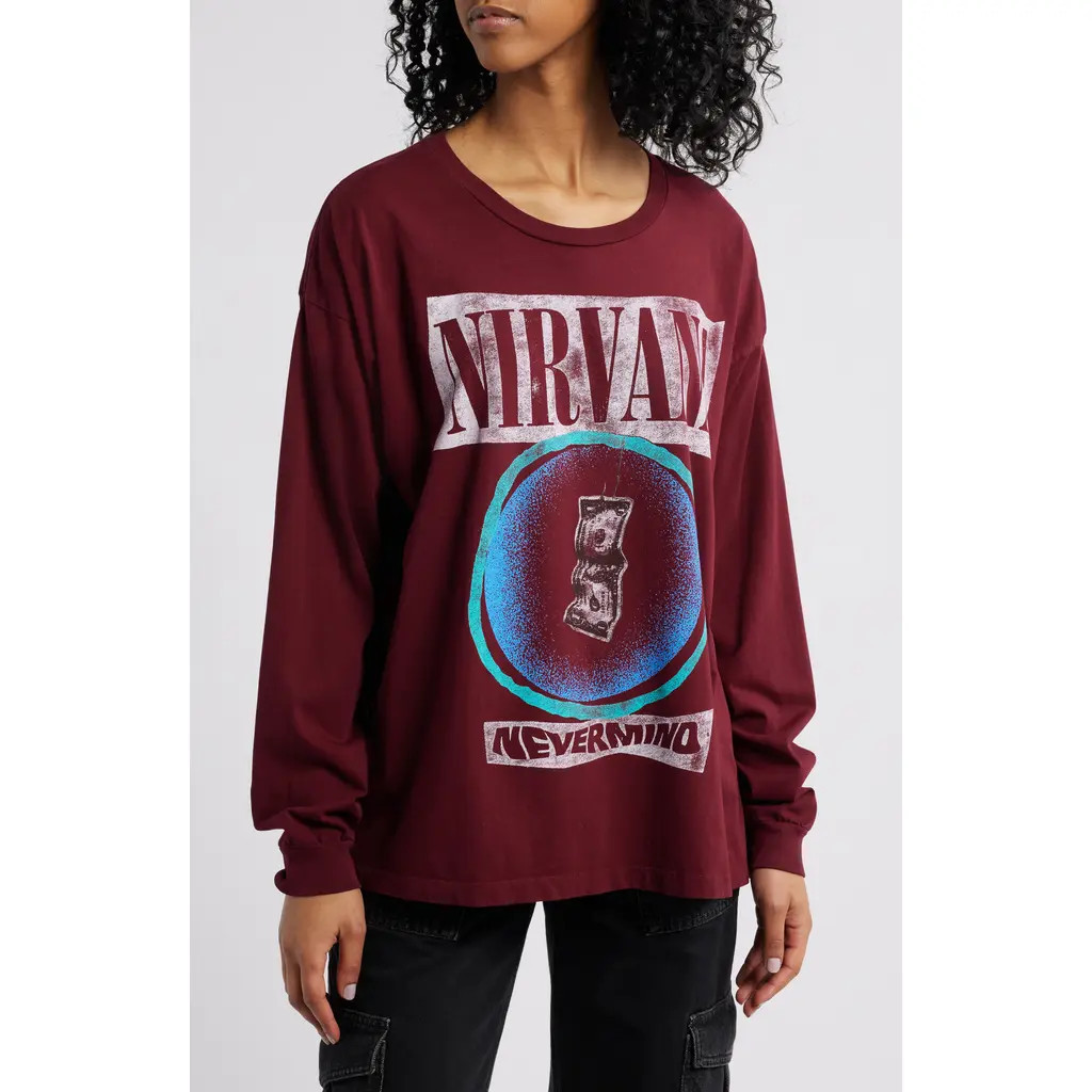 Daydreamer Nirvana Bait Long Sleeve Cotton Graphic T-Shirt in Dark Cherry at Nordstrom, Size X-Small | Nordstrom
