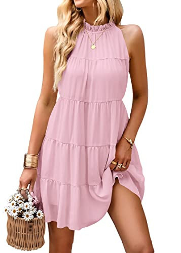 KIRUNDO Summer Sundresses for Women Spring Halter Flowy Babydoll Tiered Pleated Beach Wedding Gue... | Amazon (US)