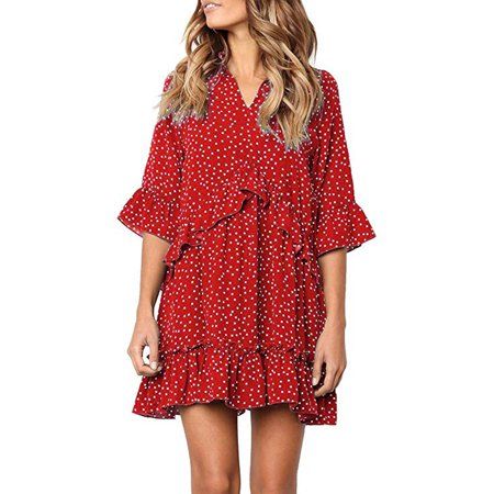 Women's V Neck Ruffle Polka Dot Pocket Loose Swing Casual Short T-Shirt Dress | Walmart (US)