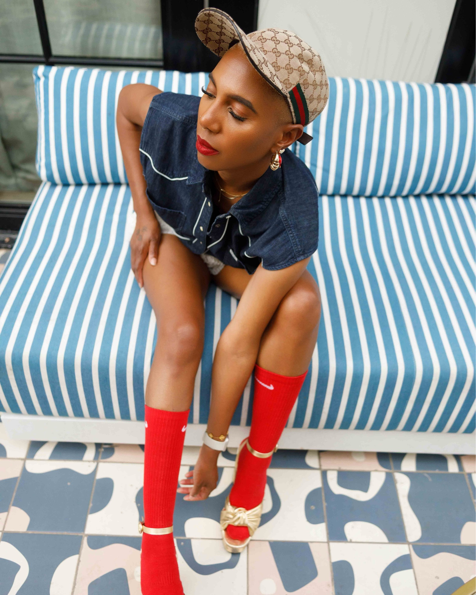A cute summer look with lace shorts. Paired a wrangler’s sleeveless denim top with a gucci hat, red nike socks and gold platforms from asos. The perfect mix of high & low price points and fun pairing Nike socks with heels. #ootd #streetwear #dallas #sockswithheels #gucci #nike

#LTKStyleTip #LTKShoeCrush #LTKSeasonal