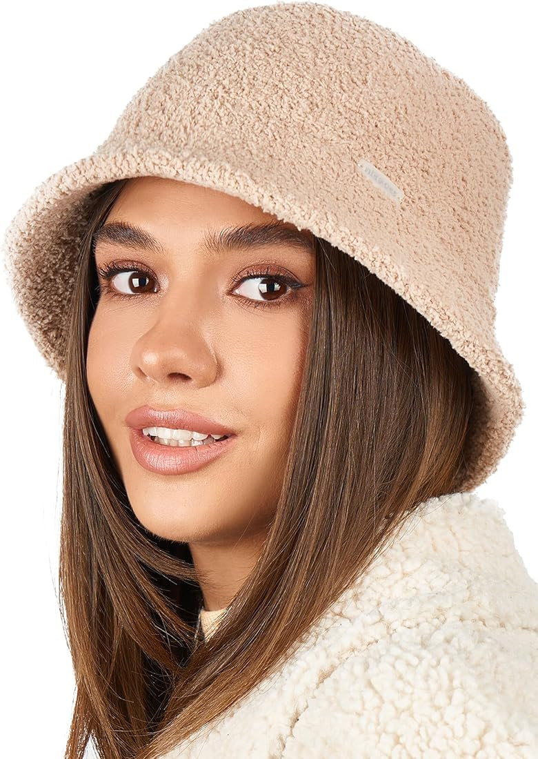 Fuzzy Bucket Hat for Women - Winter Plush Faux Fur Bucket Hat - Fluffy Sherpa Bucket Hats for Wom... | Amazon (US)
