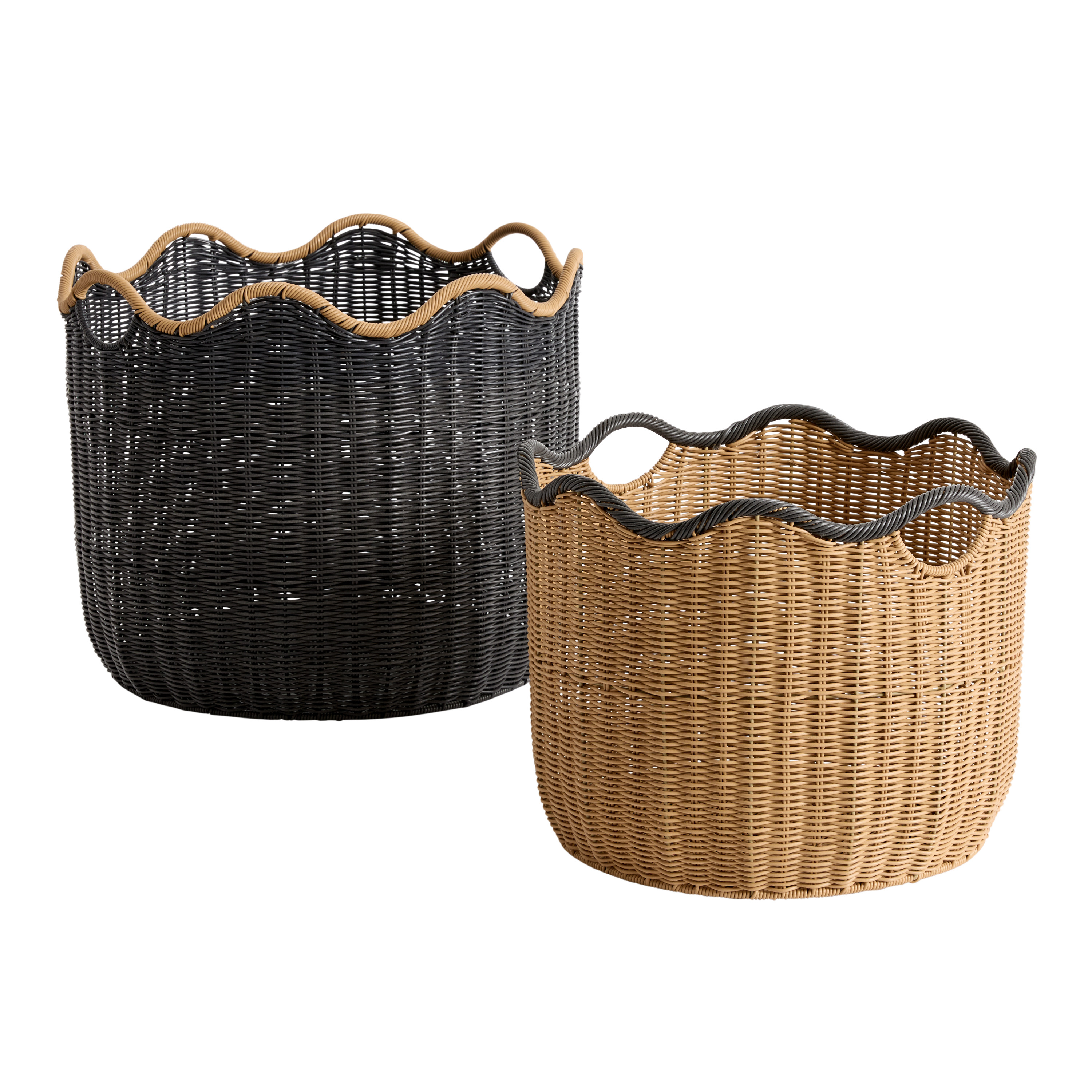 Black and Natural Faux Rattan Scalloped Outdoor Basket | World Market