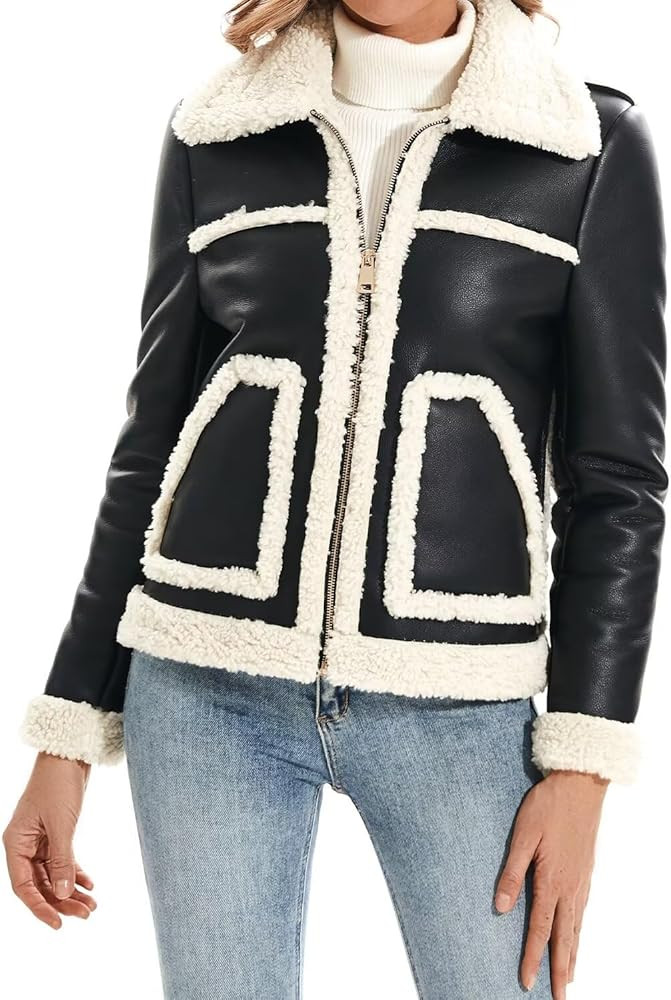 Women's Faux Shearing Moto Jacket Thick Fur Lined Coat Sherpa Leather Jacket | Amazon (US)