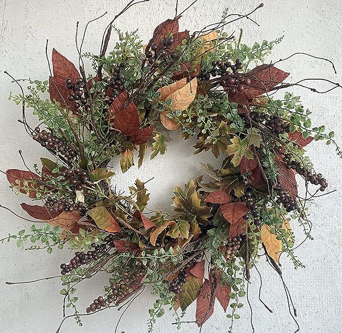 24 Inch Fall Front Door Wreath Burgundy Berry Wreath with Mixed Magnolia Maple Leaves Large Autum... | Amazon (US)