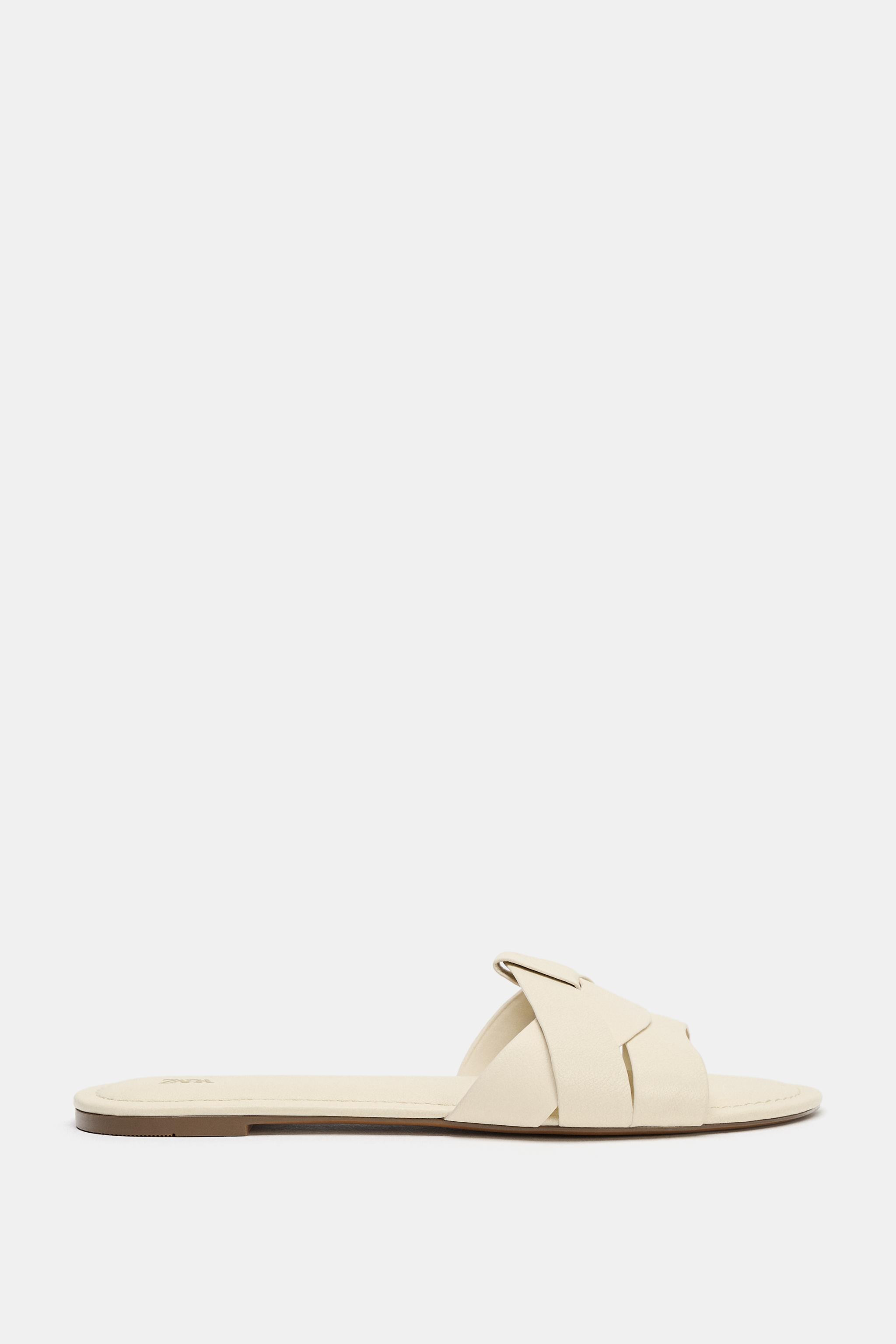 LEATHER CROSSED STRAP FLAT SANDALS | Zara US