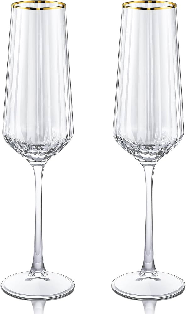 Joeyan Hand-Blown Crystal Champagne Flutes Glasses,Gold Rimmed Toasting Goblet Cups,Striped Wine ... | Amazon (US)
