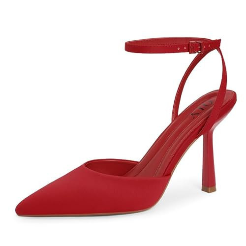 QIY Red Heels for Women Pumps Closed Pointed Toe Slingback Kitten Pointy Heels Heeled Sandals Ankle Strap Strappy High Heels Wedding Dress Shoes Size 7.5 | Amazon (US)