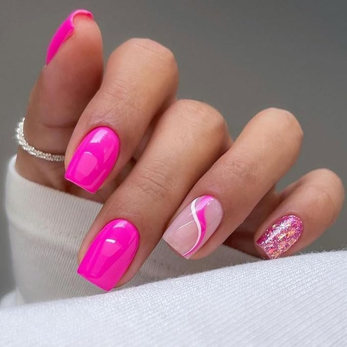 Hot Pink Press on Nails Short Square BAOYAALIN, Glitter Fake Nails with Swirl Design Gel Glue on ... | Amazon (US)