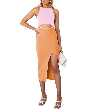 Pink Queen Women's Cutout Crew Neck Sleeveless Tank Slit Ribbed Bodycon Midi Dresses | Amazon (US)
