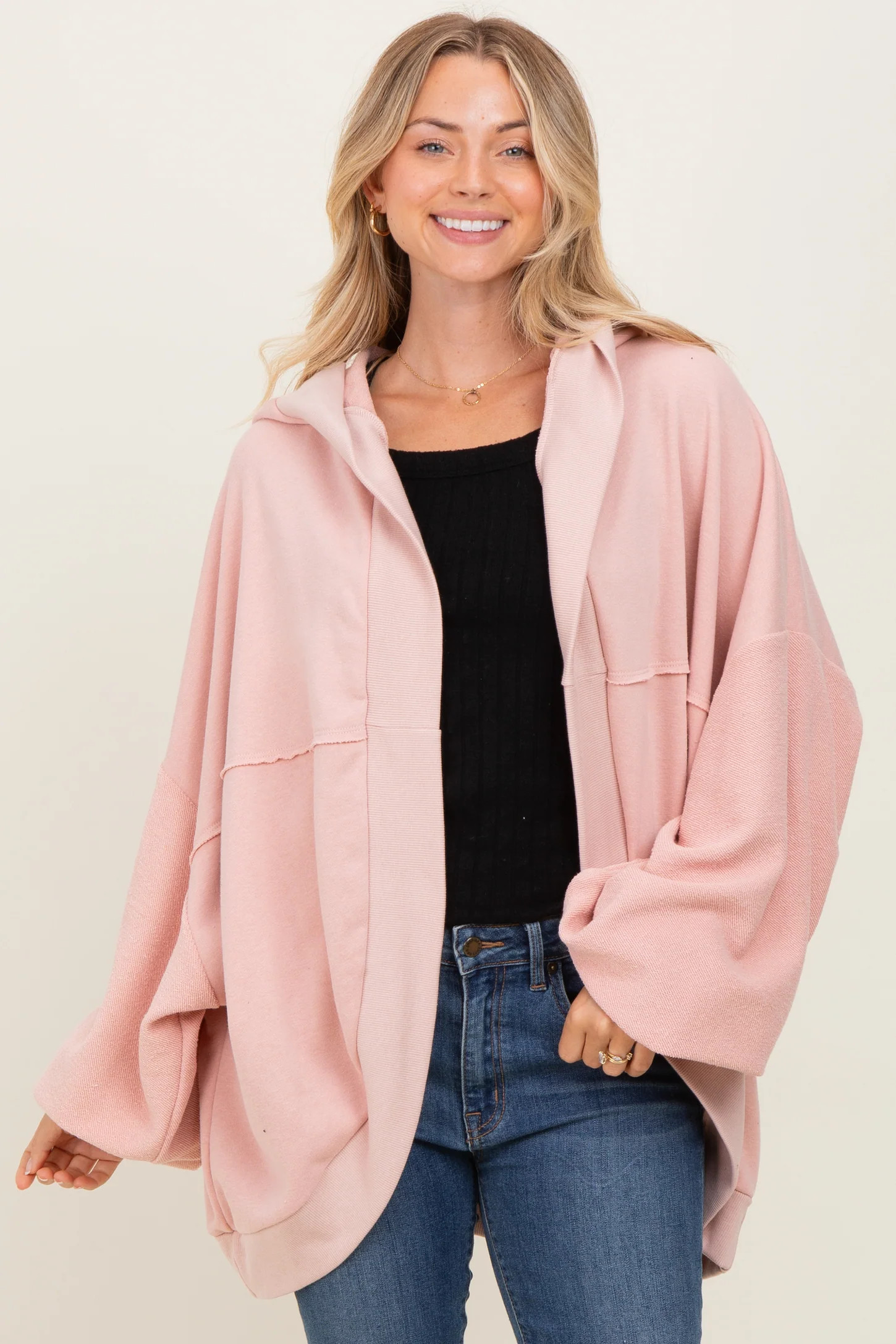 Pink Solid Terry Long Dolam Sleeve Vintage Hoodie | PinkBlush Maternity