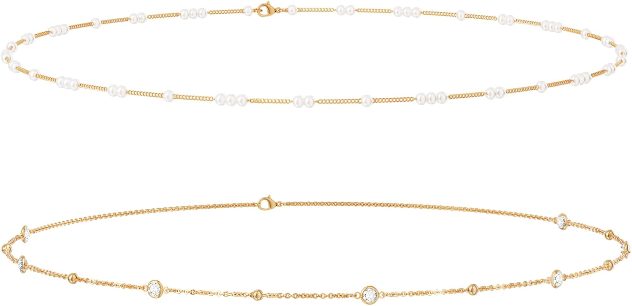 18K Gold Plated Waist Chains for Women, UHIBROS Pearl CZ Crystal Layered Belly Beads, Adjustable ... | Amazon (US)
