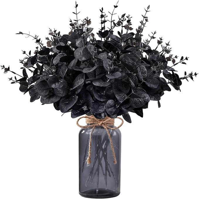 12Pcs Black Artificial Flowers with Glass Vase 2 Styles Black Eucalyptus Stems for Halloween Outd... | Amazon (US)