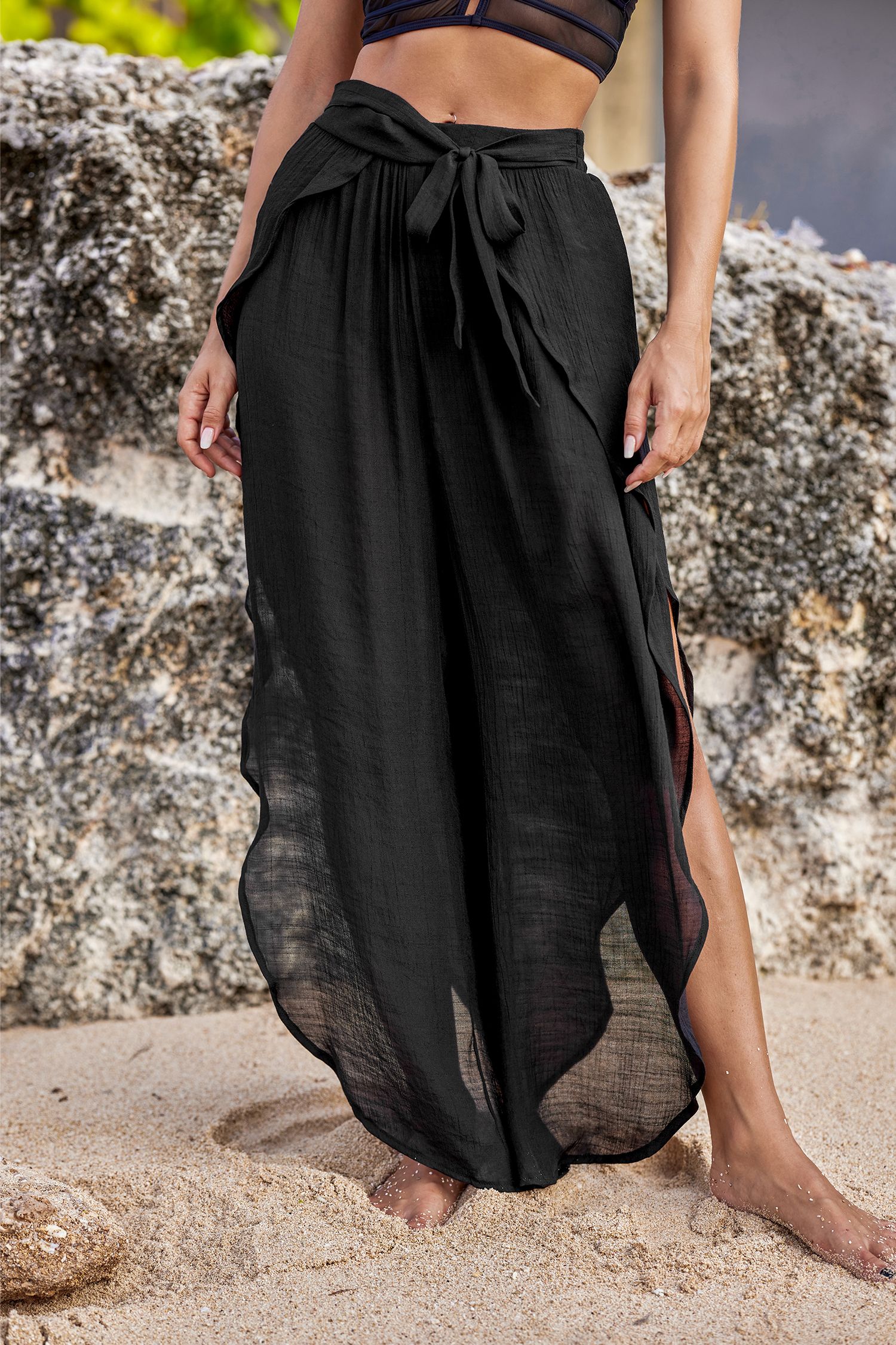 Black Ruffle & Tie Cover-Up Pants | Cupshe US