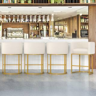 26 in. Beige and Gold Low Back Bar Stool with Metal Frame Counter Height Linen Fabric Counter Sto... | The Home Depot