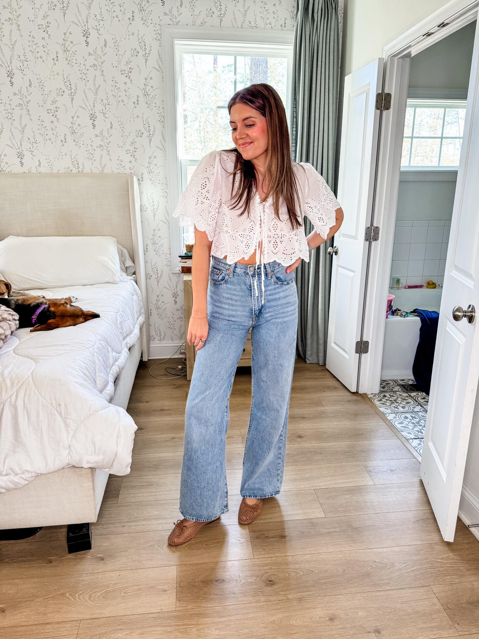 Wide leg jeans outfit! How I’m wearing my favorite wide leg jeans as a 40 year old mom! Size 27 in the Levi jeans. Fits tts! Levi’s 