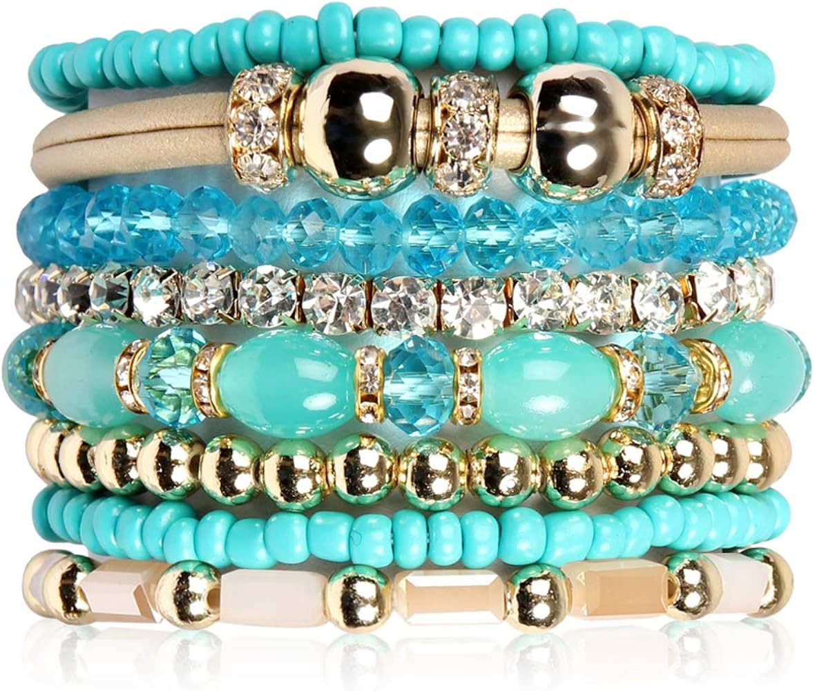 RIAH FASHION Bohemian Bead Multi Layer Versatile Statement Bracelets - Metallic Bar, Sparkly Crys... | Amazon (US)