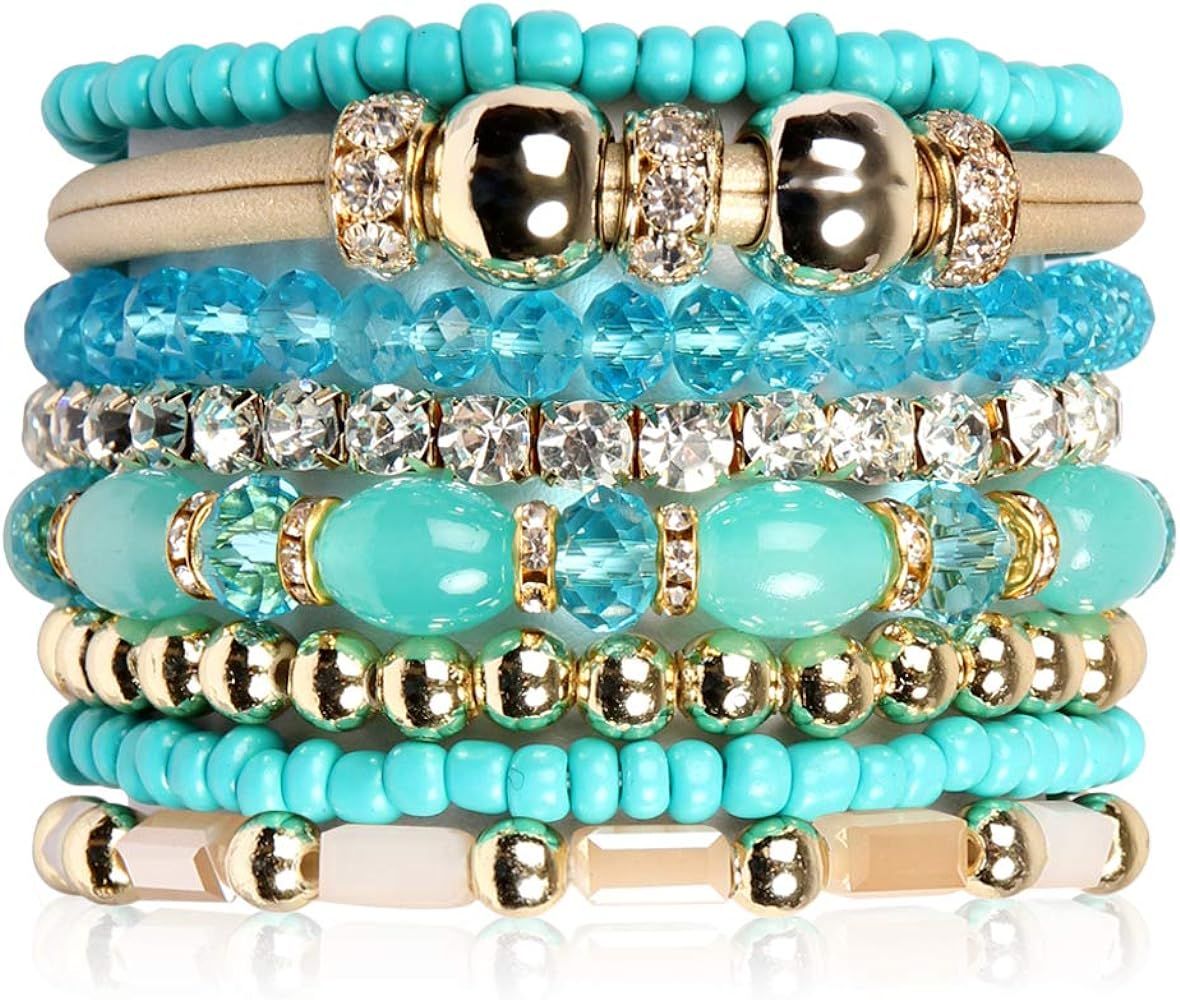 RIAH FASHION Bohemian Bead Multi Layer Versatile Statement Bracelets - Metallic Bar, Sparkly Crys... | Amazon (US)