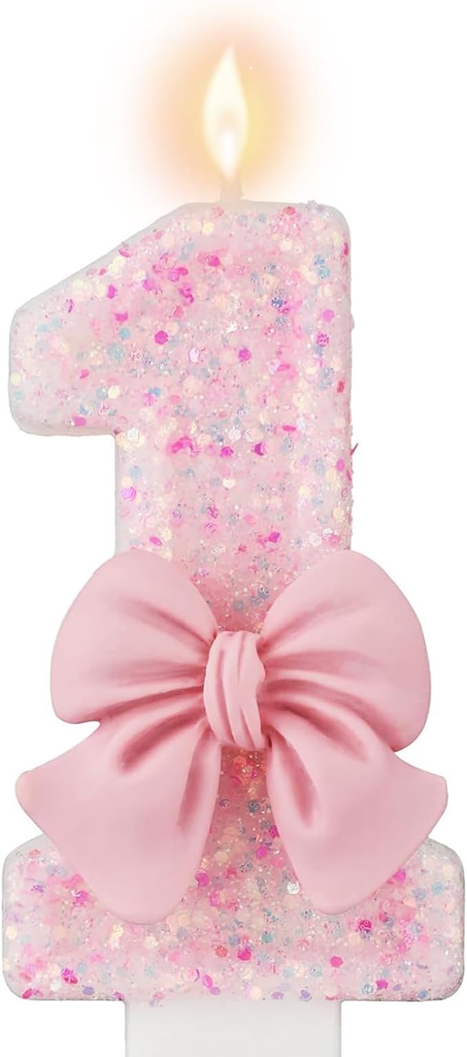 Pink Number 1 Birthday Candle, Girl 1st ​Birthday Party Pink Theme Decorations Supplies, 3D Bow... | Amazon (US)