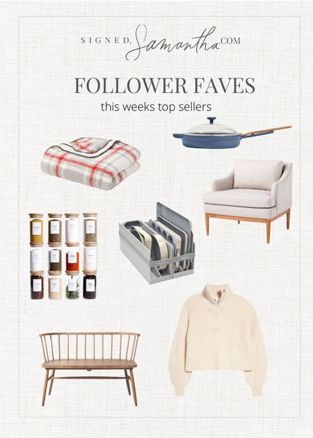 Weekly follower faves. Soft half zip sweater. Target finds. Bench. Chair. Farmhouse bench. Cozy chair. Amazon finds. Spice jars. Caraway baking sheets. Our place cast iron pan  

#LTKGiftGuide #LTKstyletip #LTKhome