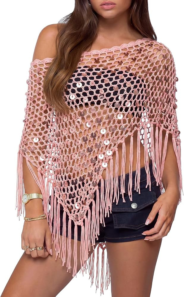 Women Sheer Poncho Top See Through Sequin Fishnet Shawl Knit Shrug Shawl for Beach Party Festival... | Amazon (US)