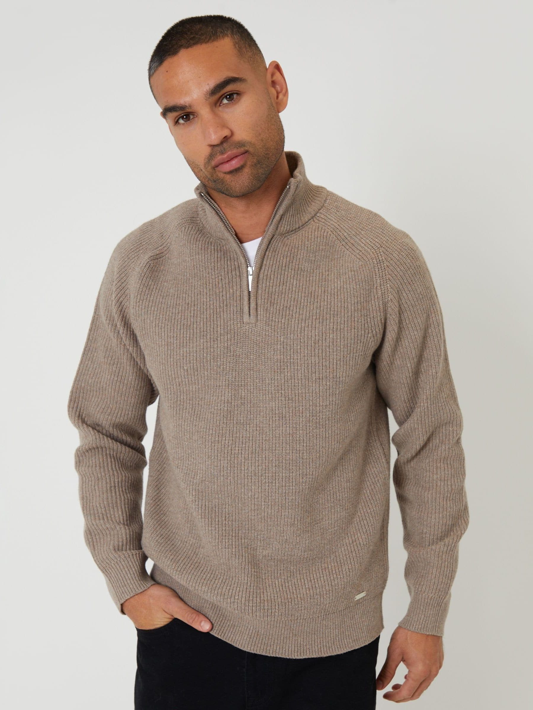 Threadbare Threadbare Brown Rib Panel Quarter Zip Knitted Jumper | Next US