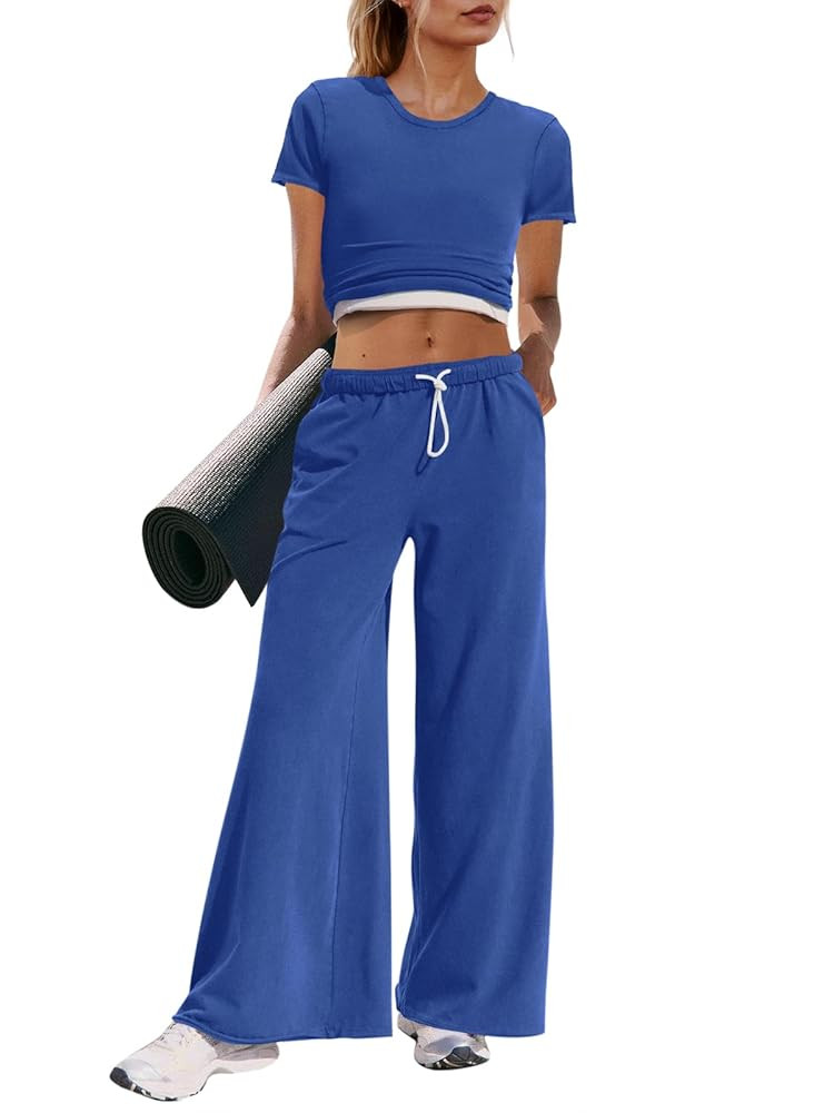 Panadila Womens 2 Piece Lounge Set Matching Workout Sets Summer Crop Tops Wide Leg Pants Going Ou... | Amazon (US)