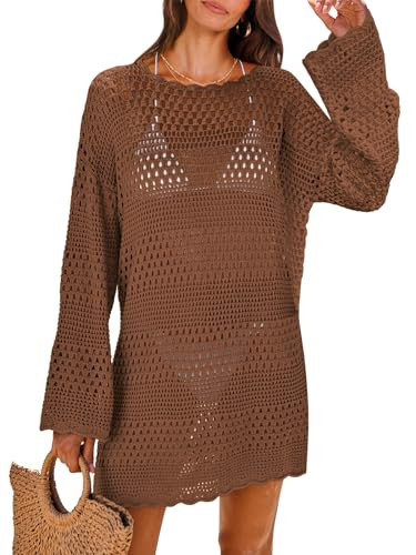 ANRABESS Women Swimsuit Crochet Swim Cover Up 2026 Summer Bathing Suit Swimwear Mesh Knit Beach Dress Vacation Outfits Brown Medium | Amazon (US)