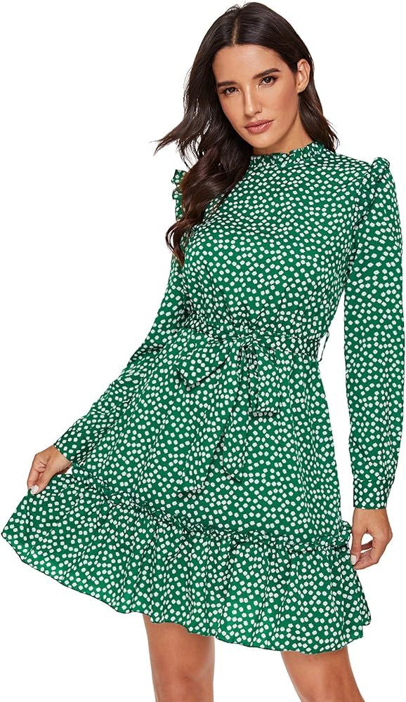Women's Long Sleeve Ruffle Trim Self Tie Floral Print Short Dress | Amazon (US)