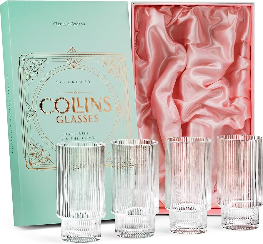 Vintage Art Deco Collins Ribbed Cocktail Glasses | Set of 4 | 14 oz Crystal Highball Glassware fo... | Amazon (US)