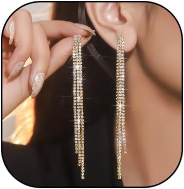 Sparkly Rhinestone Long Tassel Dangle Earrings Crystal Chandelier Dangle Drop Earrings Wedding Pa... | Amazon (US)