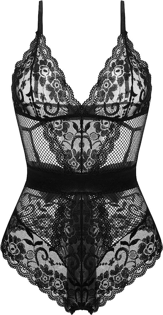 Women Lingerie Bodysuit One Piece Lace Cups Halter Teddy Mesh Babydoll | Amazon (US)