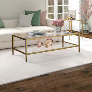 Hera 54 in. Antique Brass Finish Rectangle Glass Coffee Table with Clear Glass Shelf | The Home Depot